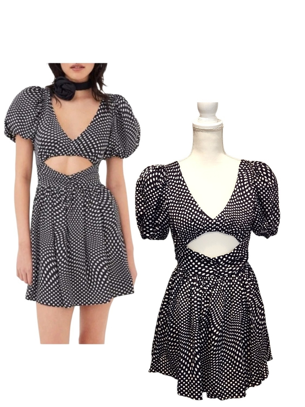 NWT For Love & Lemons Anya Puff Sleeve Waist Keyhole Warped Polka Dot Dress Sz S